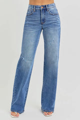 RISEN Full Size Tummy Control Elastic Band High Rise Wide Jeans Plus Size OutfitFlow