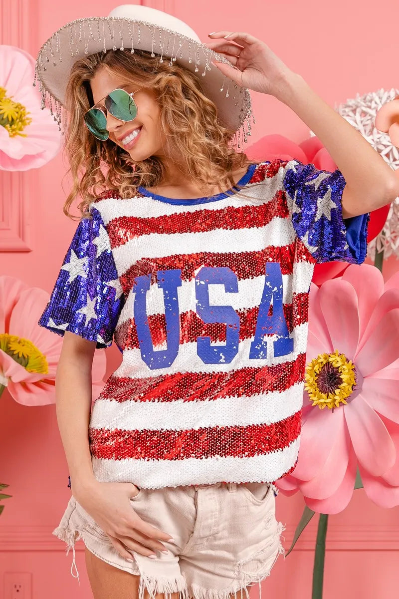 BiBi American Flag Theme USA Lettering Sequin Top OutfitFlow
