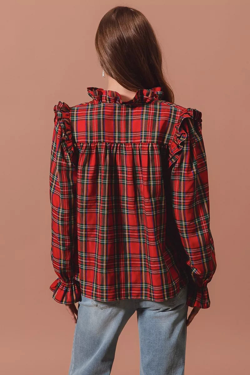 SO ME Christmas Checkered Plaid Smocked Blouse OutfitFlow