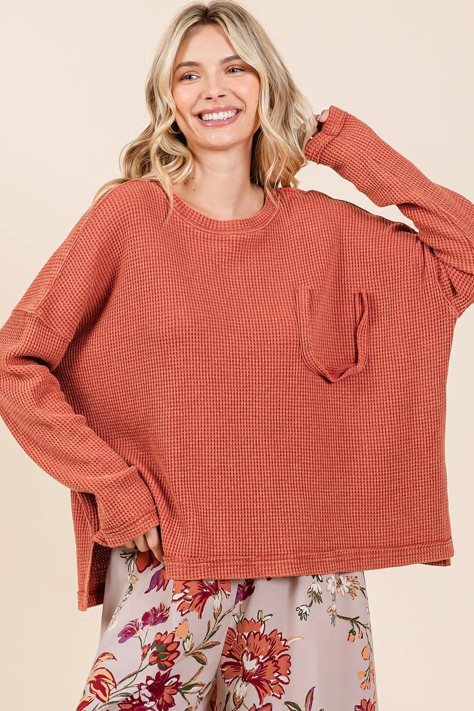 Mittoshop Mineral Wash Cutout Pocket Long Sleeve Waffle Top RUST OutfitFlow