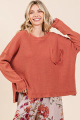 Mittoshop Mineral Wash Cutout Pocket Long Sleeve Waffle Top RUST OutfitFlow