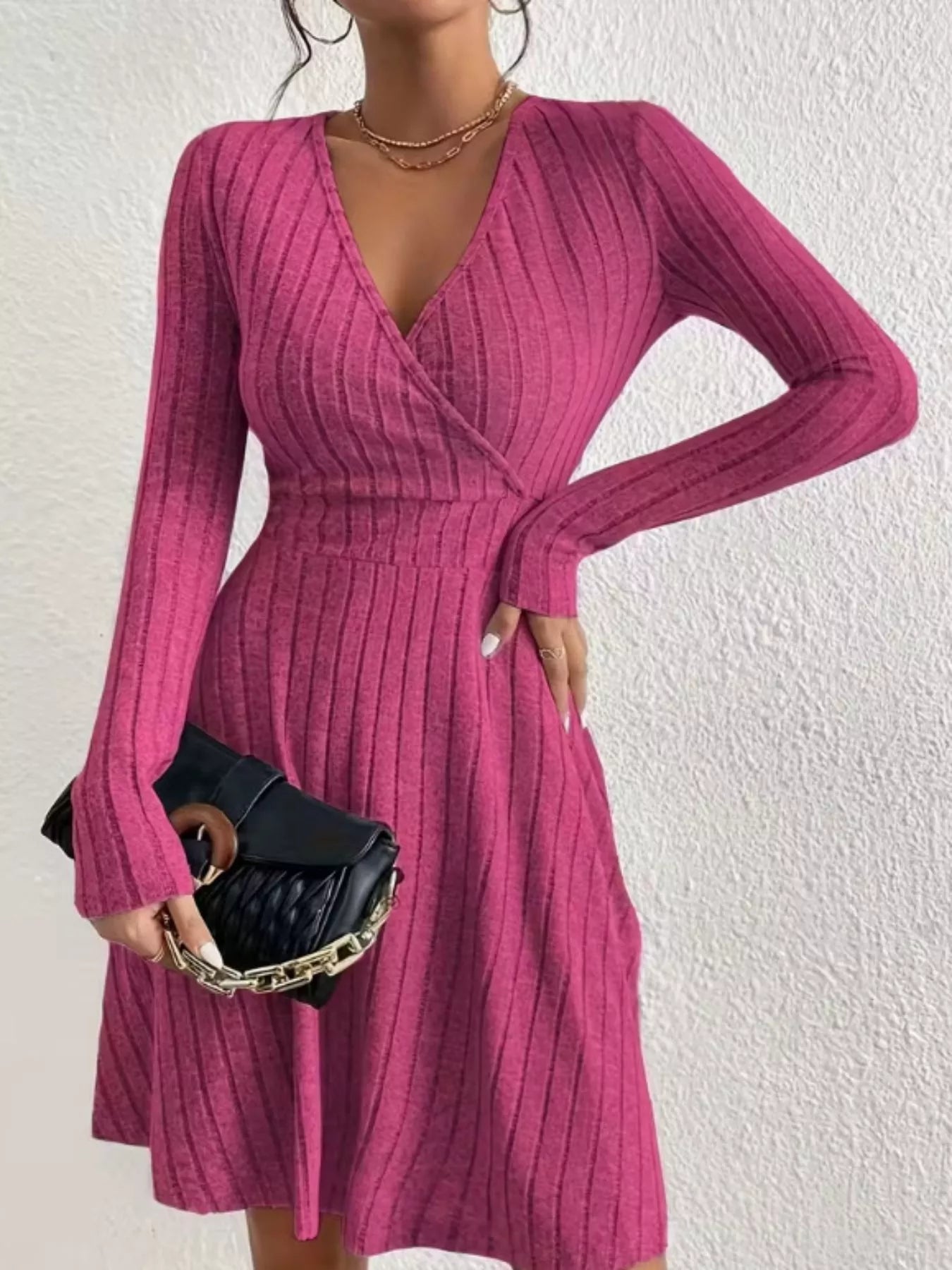 Ribbed Knit Wrap Mini Dress Fuchsia Pink OutfitFlow