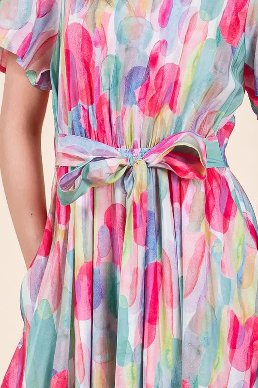 Lime 'N' Chili Watercolor Print Tie Front Midi Dress OutfitFlow