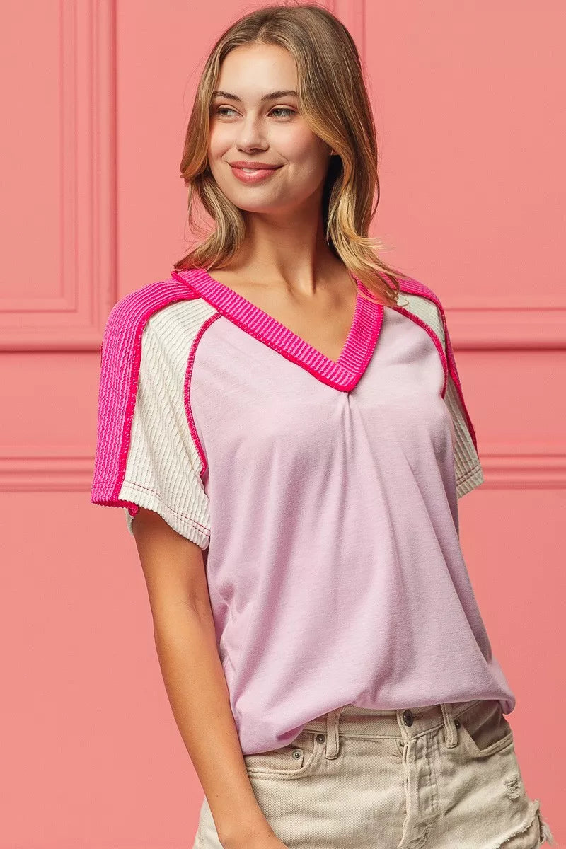 BiBi Cord Rib Combo V Neck Jersey Knit Top OutfitFlow