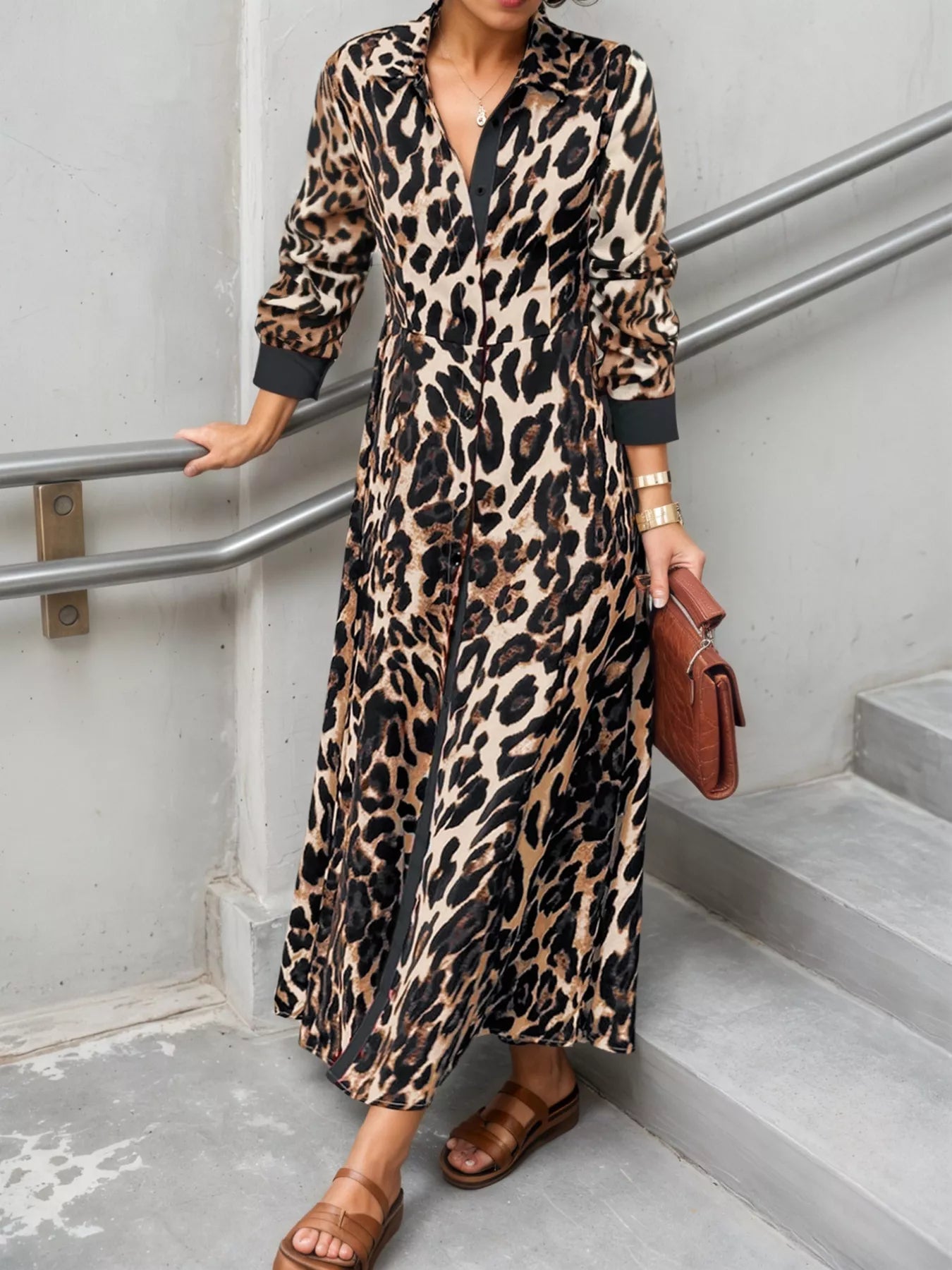 Leopard Print Long Sleeve Shirt Dress with Contrast Trim Black OutfitFlow