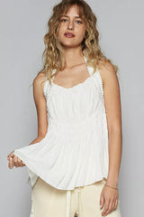 POL Backless Halter Sleeveless Top with Smocking Shirring Detail OFF WHITE Trendsi