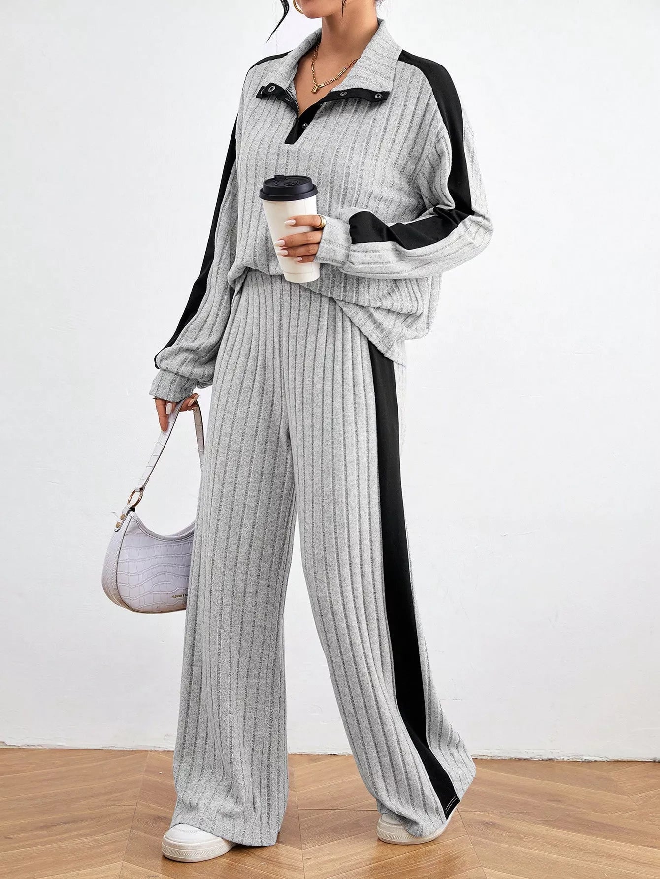 Ribbed Contrast Dropped Shoulder Top and Pants Set Light Gray OutfitFlow