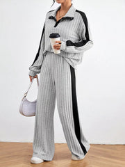 Ribbed Contrast Dropped Shoulder Top and Pants Set Light Gray OutfitFlow