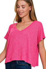 Zenana Hacci Slub V-neck Drop Shoulder Crop Top HOT PINK OutfitFlow