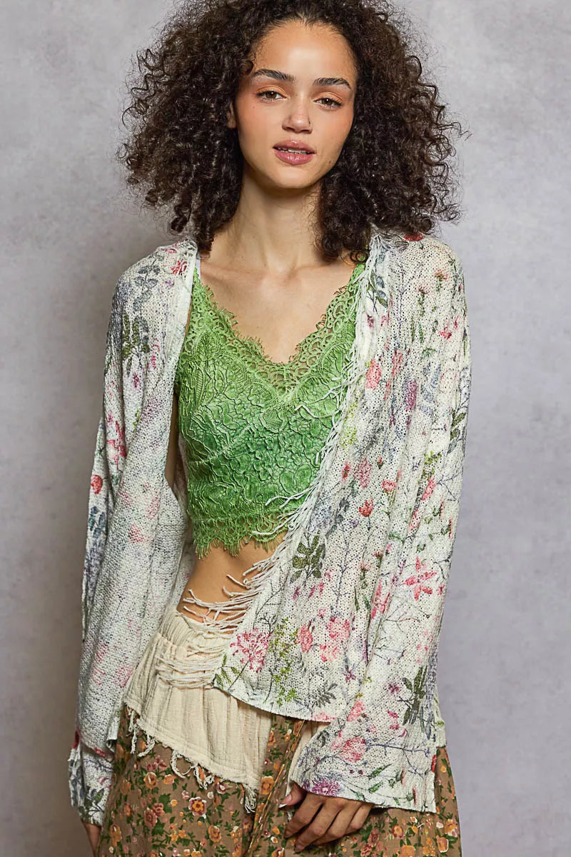 POL Open Front Floral Cardigan with Center Open Fringe OutfitFlow