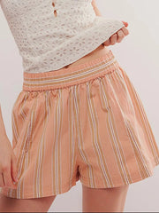 Striped High-Waist Linen Blend Summer Shorts Orange OutfitFlow
