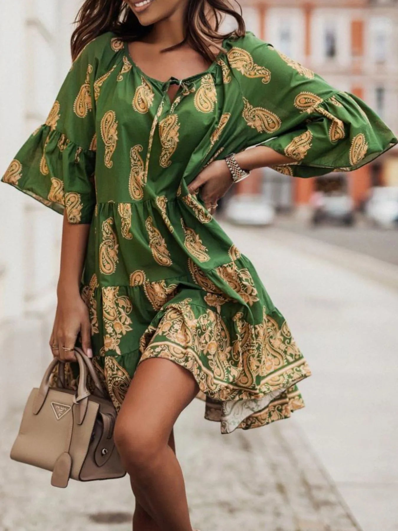 Paisley Print Tie Neck Half Sleeve Mini Dress Green OutfitFlow