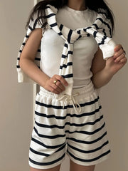 Striped Round Neck Top and Shorts Set OutfitFlow