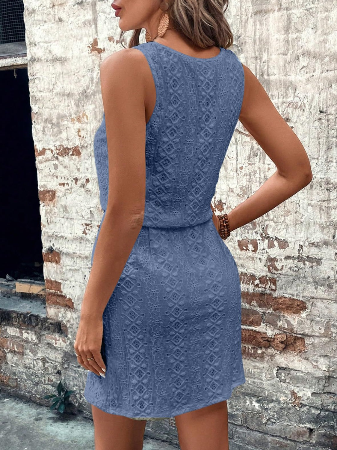 Eyelet Drawstring Round Neck Sleeveless Dress OutfitFlow