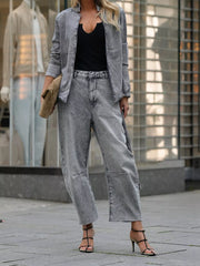 Long Sleeve Top and Wide Leg Jeans Denim Set OutfitFlow