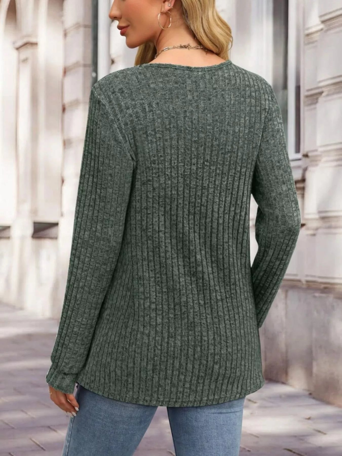 Ribbed Knit Button-Front Long Sleeve T-Shirt OutfitFlow