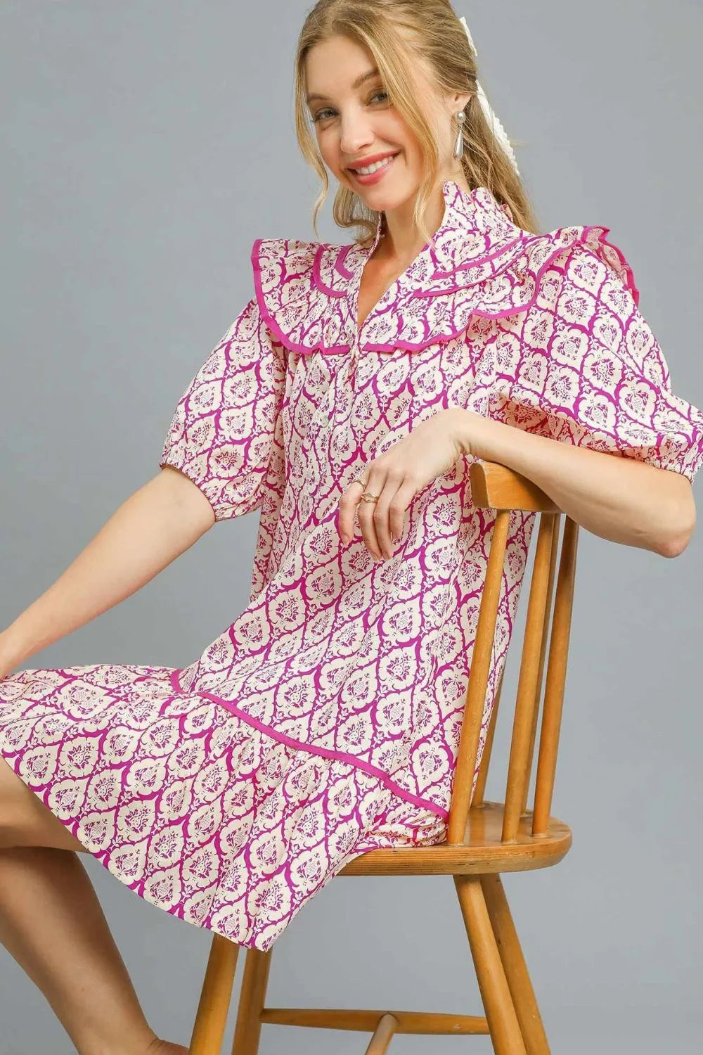 Umgee Ruffled Printed Puff Sleeve Mini Dress OutfitFlow