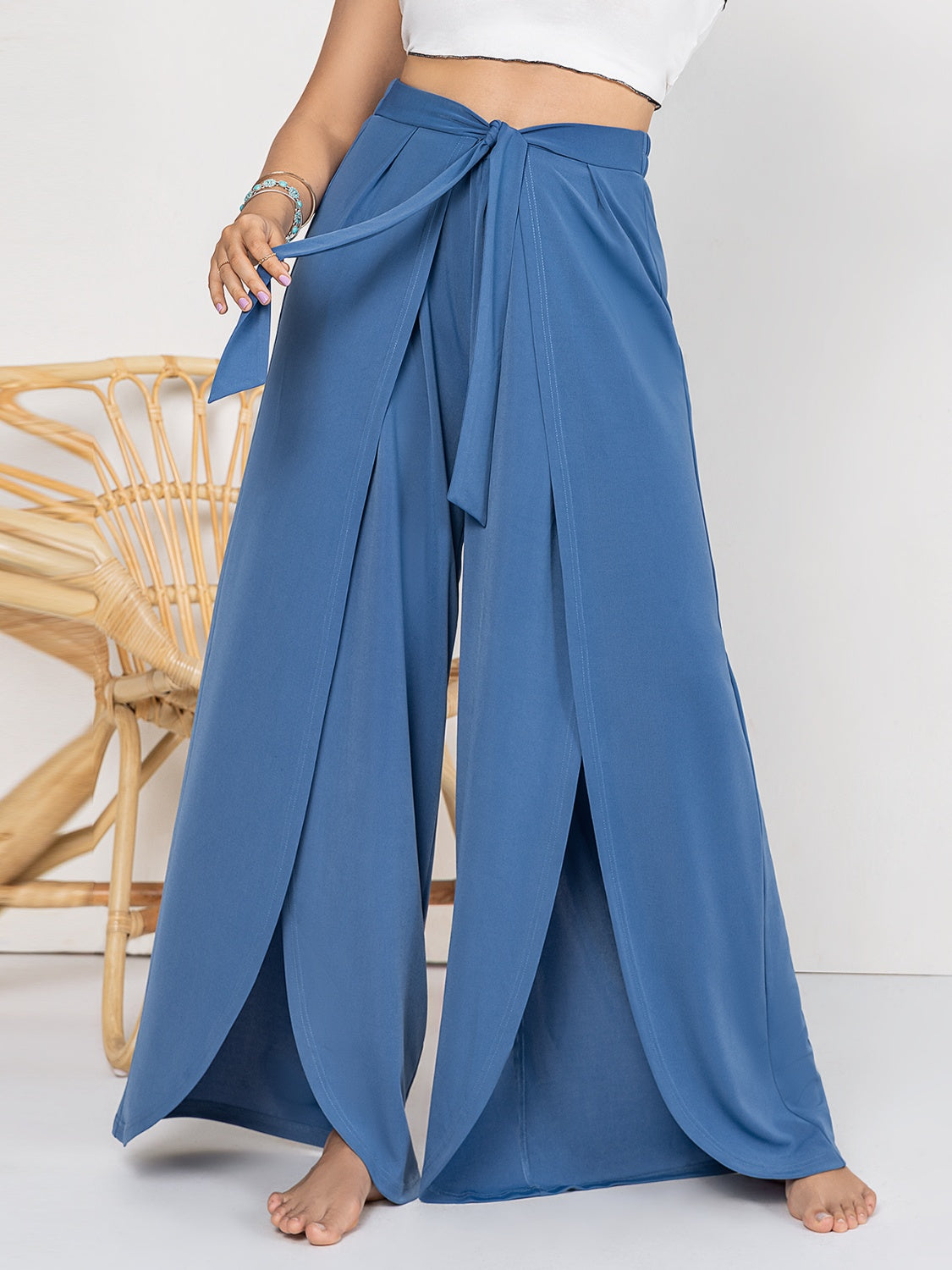 Outfit Flow - Plus Size Tied Slit Wide Leg Pants