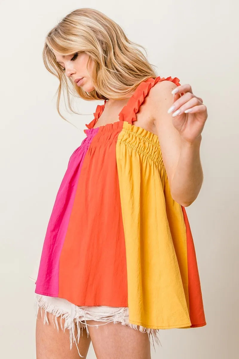 BiBi Frill Shoulder Strap Color Block Bodice Top OutfitFlow
