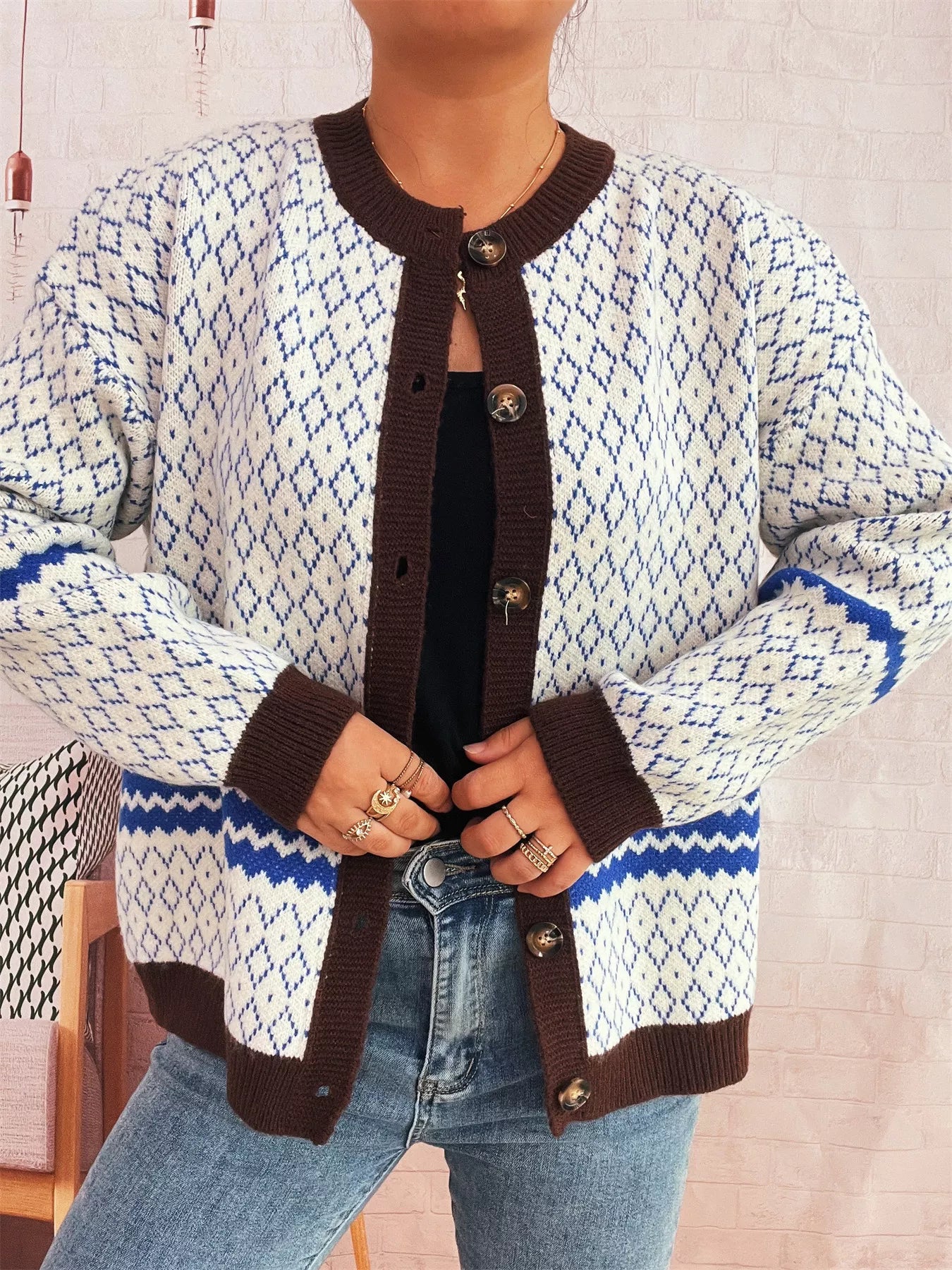 Geometric Pattern Button Up Cardigan OutfitFlow