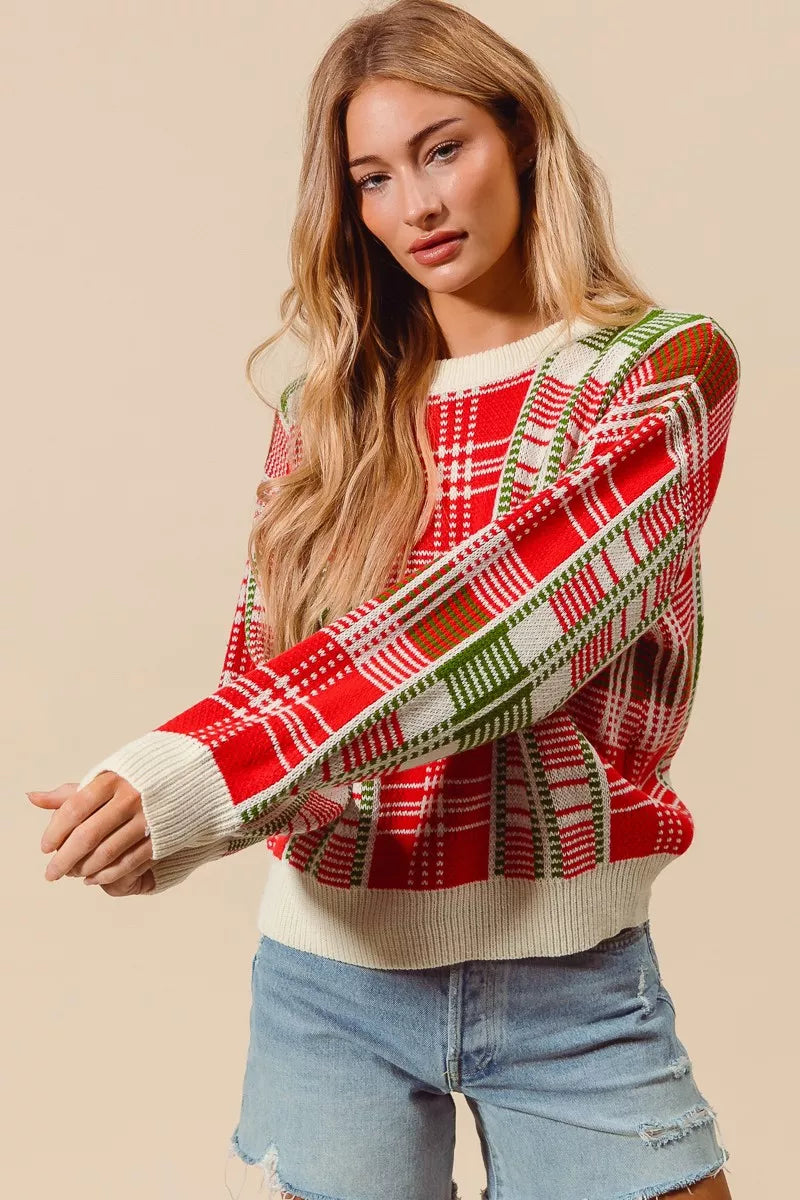 SO ME Christmas Color Checkered Plaid Crew Neck Sweater Trendsi