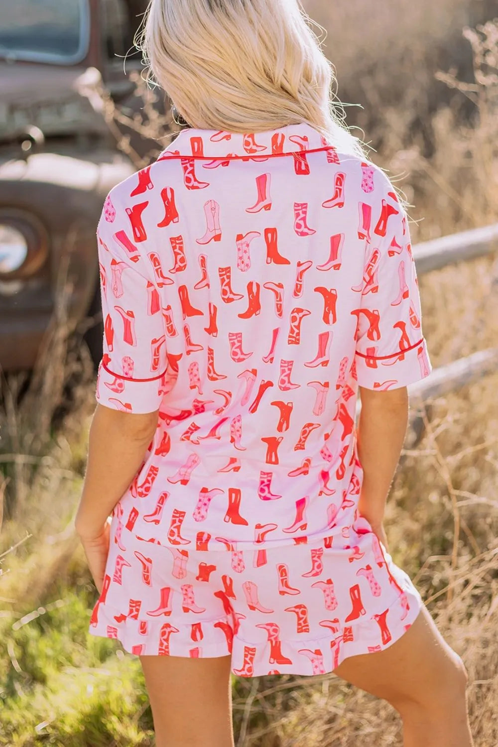 Cowgirl Boots Printed Shirt and Shorts Set OutfitFlow
