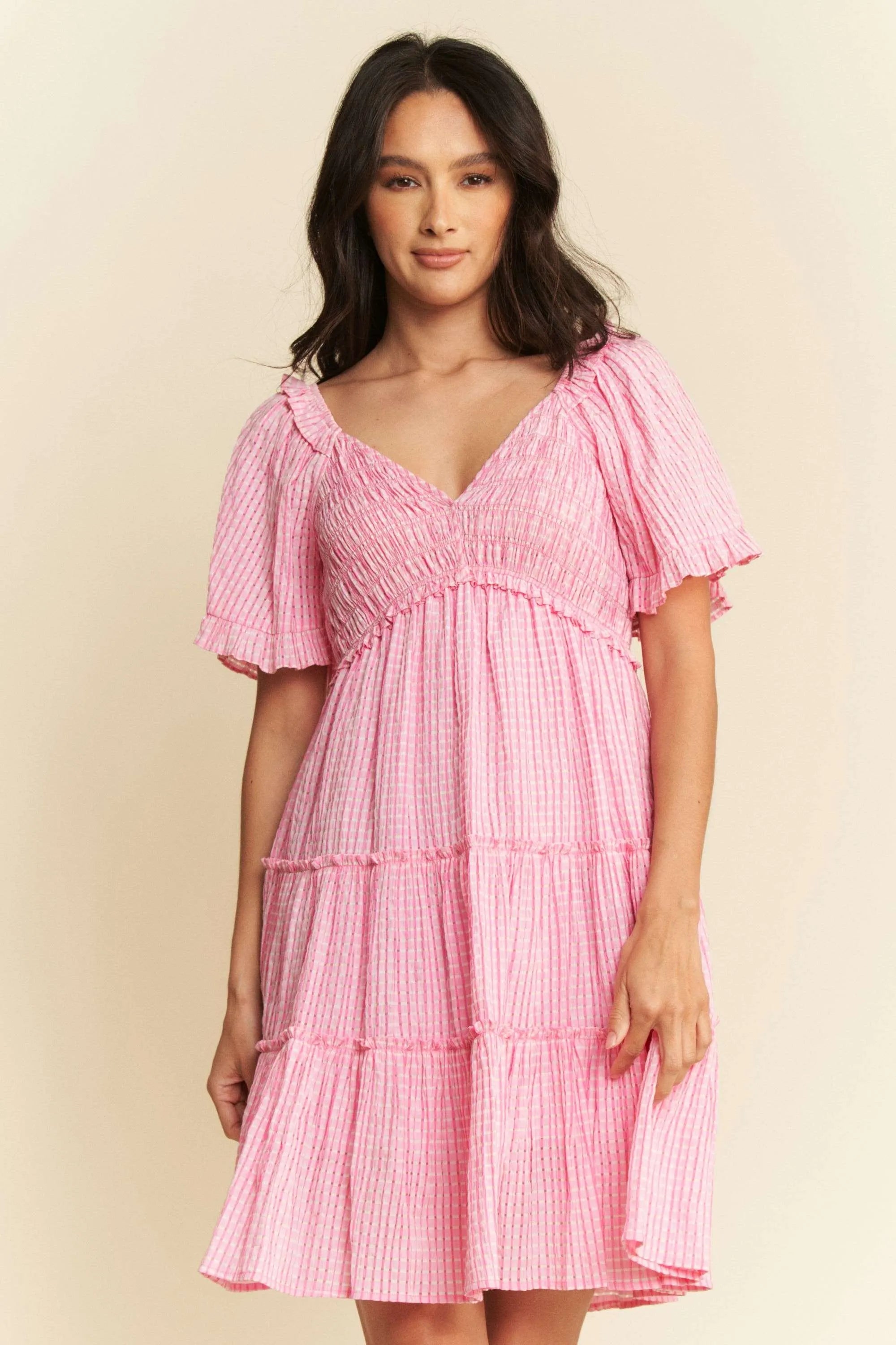 Davi & Dani Jacquard Checker Smocking Tiered Dress OutfitFlow