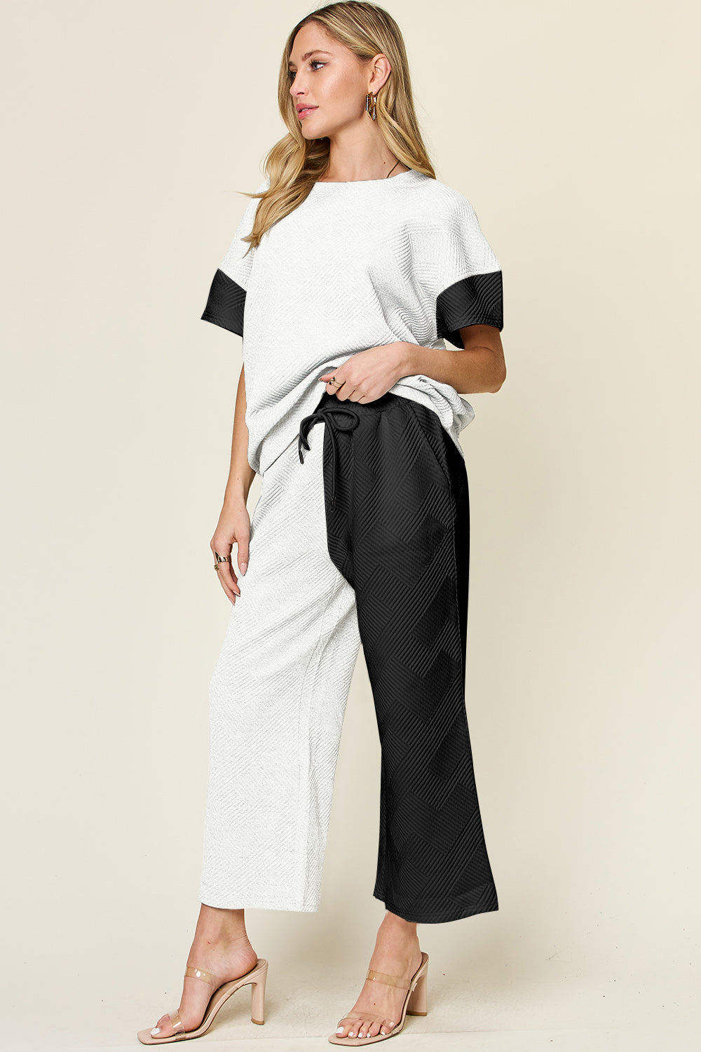 Outfit Flow - Double Take Full Size Texture Contrast T-Shirt and Wide Leg Pants Set