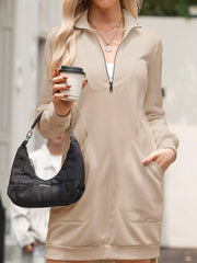 Zip Up Collared Ribbed Patchwork Sweatshirt Dress with Pockets OutfitFlow