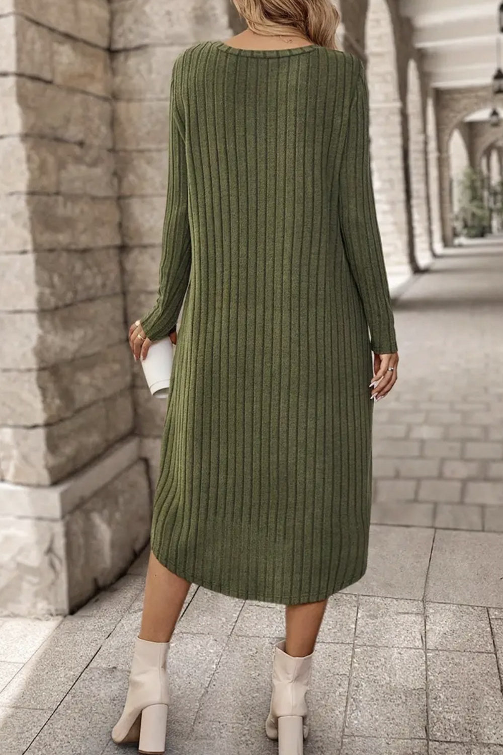 Outfit Flow - Ribbed Curved Hem Round Neck Long Sleeve Dress