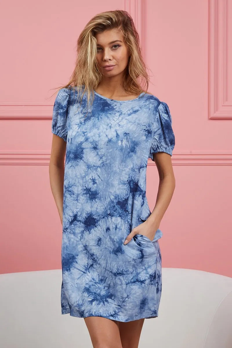 BiBi Puff Sleeve With Side Pockets Tie Dye Dress OutfitFlow