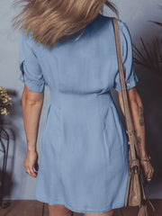 Denim Pleated Slim Waist Short Sleeve Shirt Dress OutfitFlow