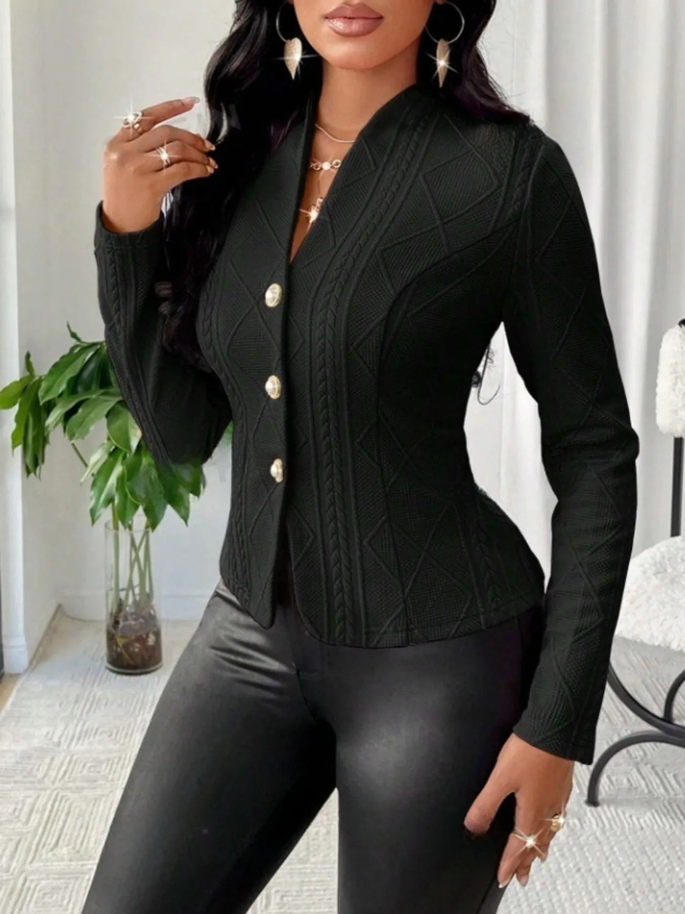 Textured Button Up Long Sleeve Jacket OutfitFlow