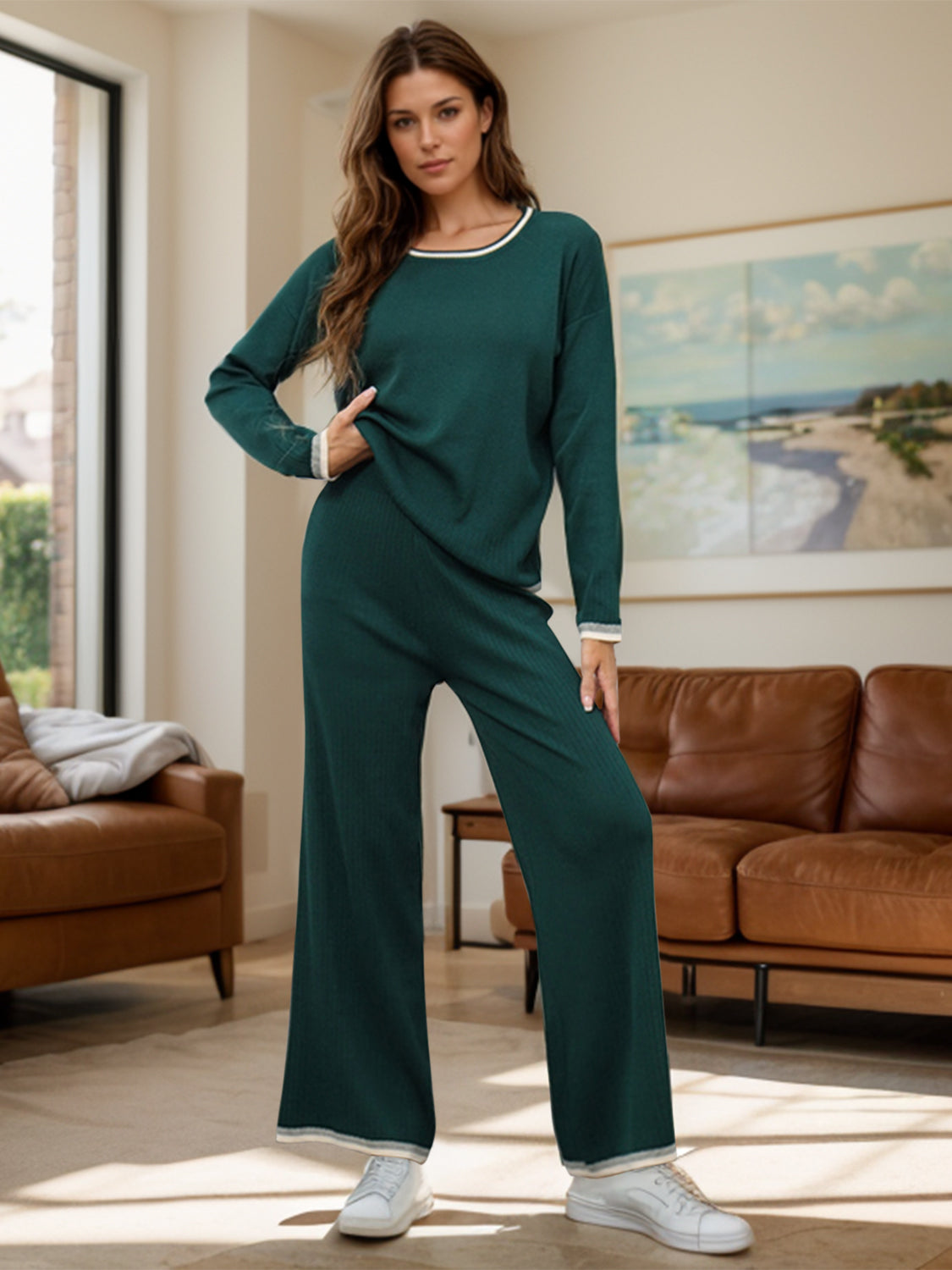 Outfit Flow - Contrast Trim Round Neck Top and Pants Sweater Set