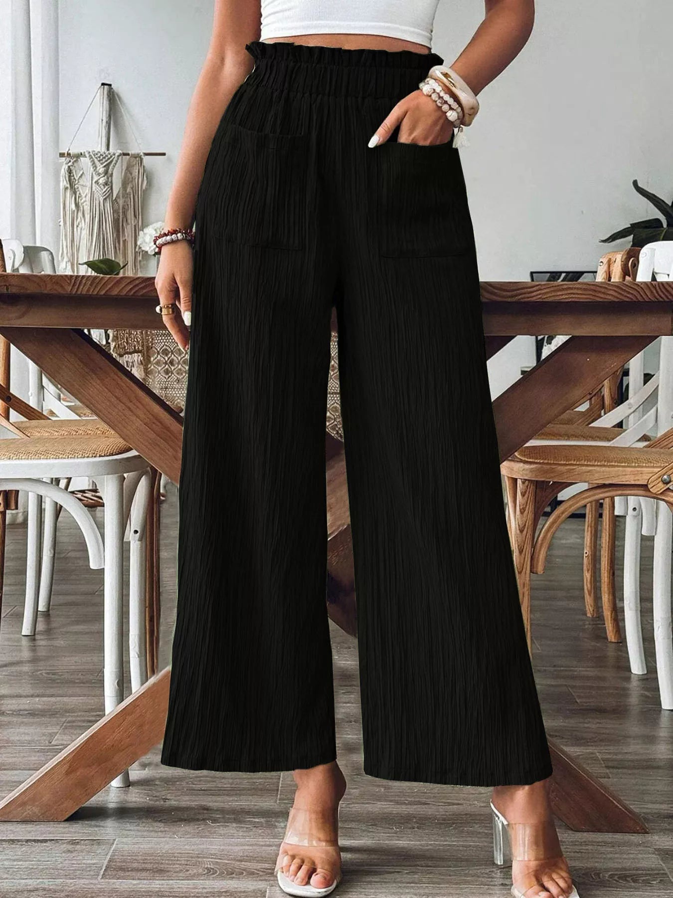 High-Waisted Wide Leg Pants Black OutfitFlow
