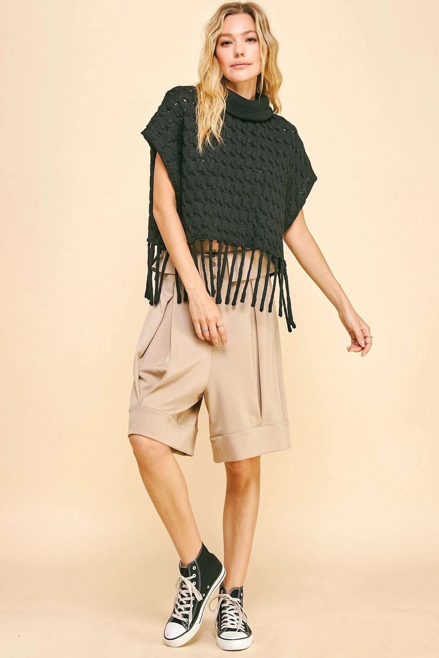 Davi & Dani Fold Over Waist Band Strap Detail Short OutfitFlow