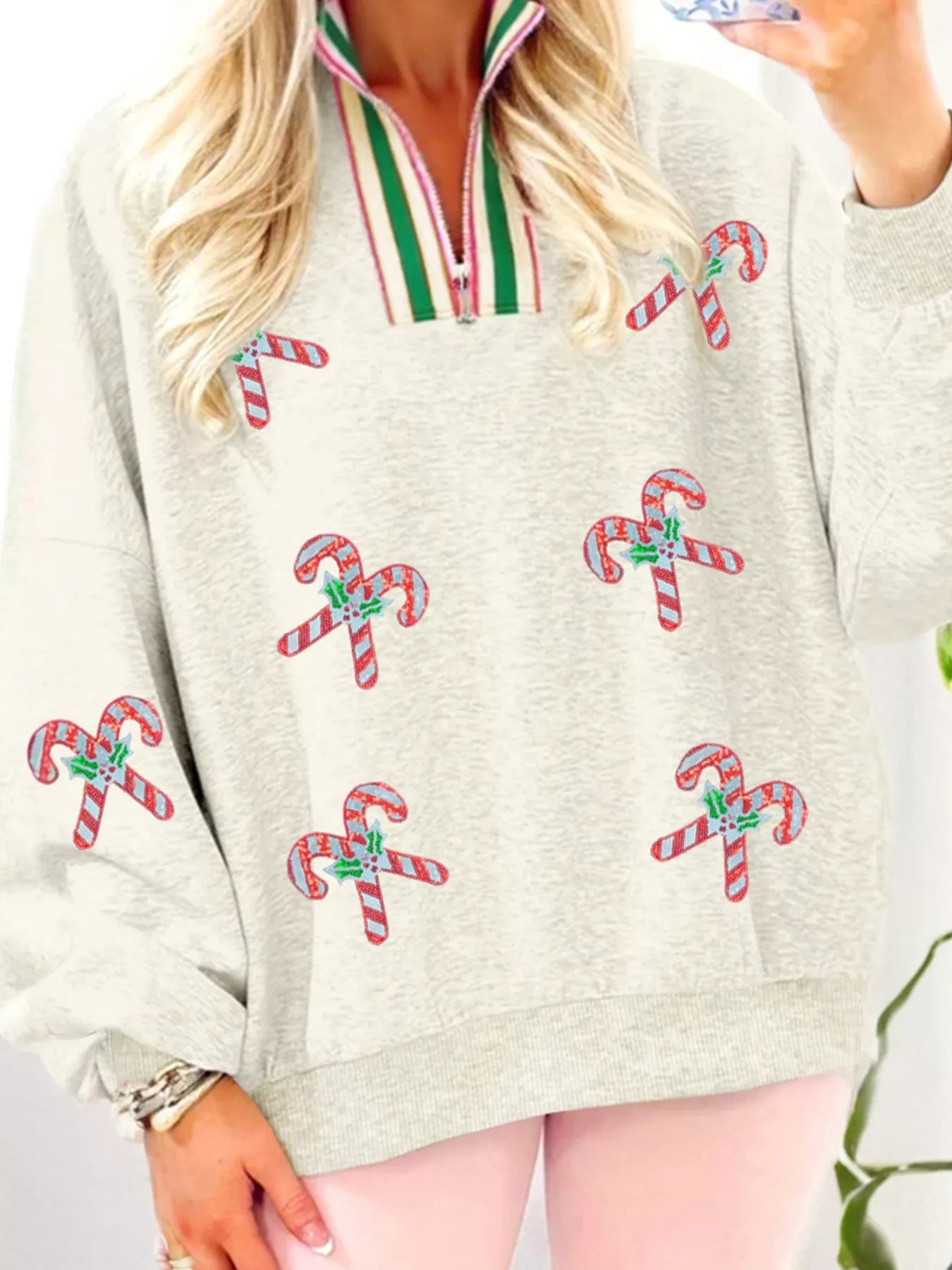 Sequin Candy Canes Contrast Collar Patchwork Loose Sweatshirt Beige OutfitFlow