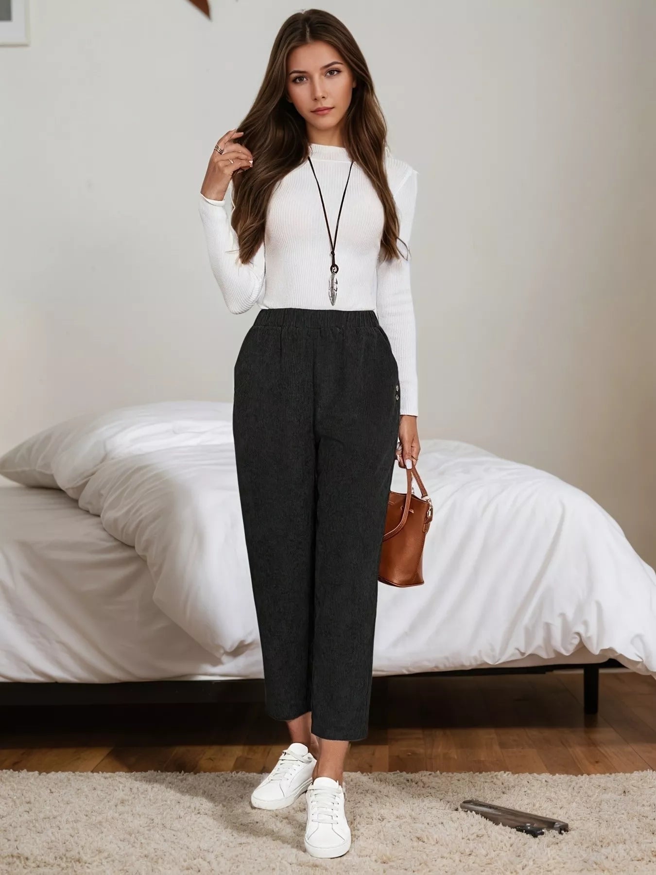 Corduroy Elastic Waist Cropped Pants Trendsi