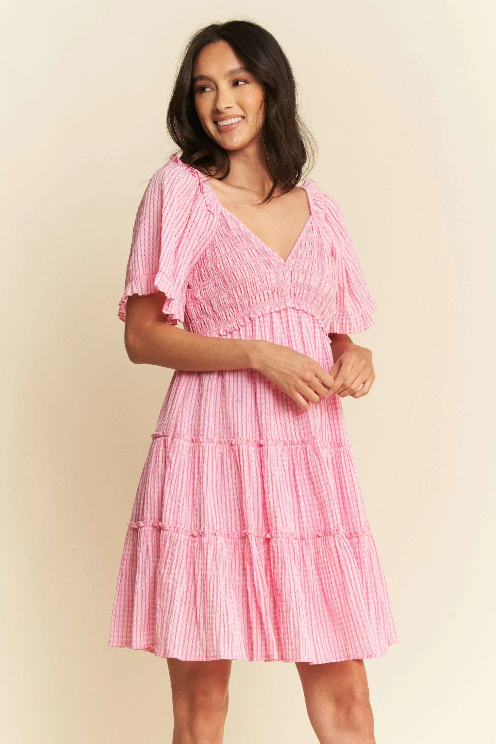 Davi & Dani Jacquard Checker Smocking Tiered Dress OutfitFlow