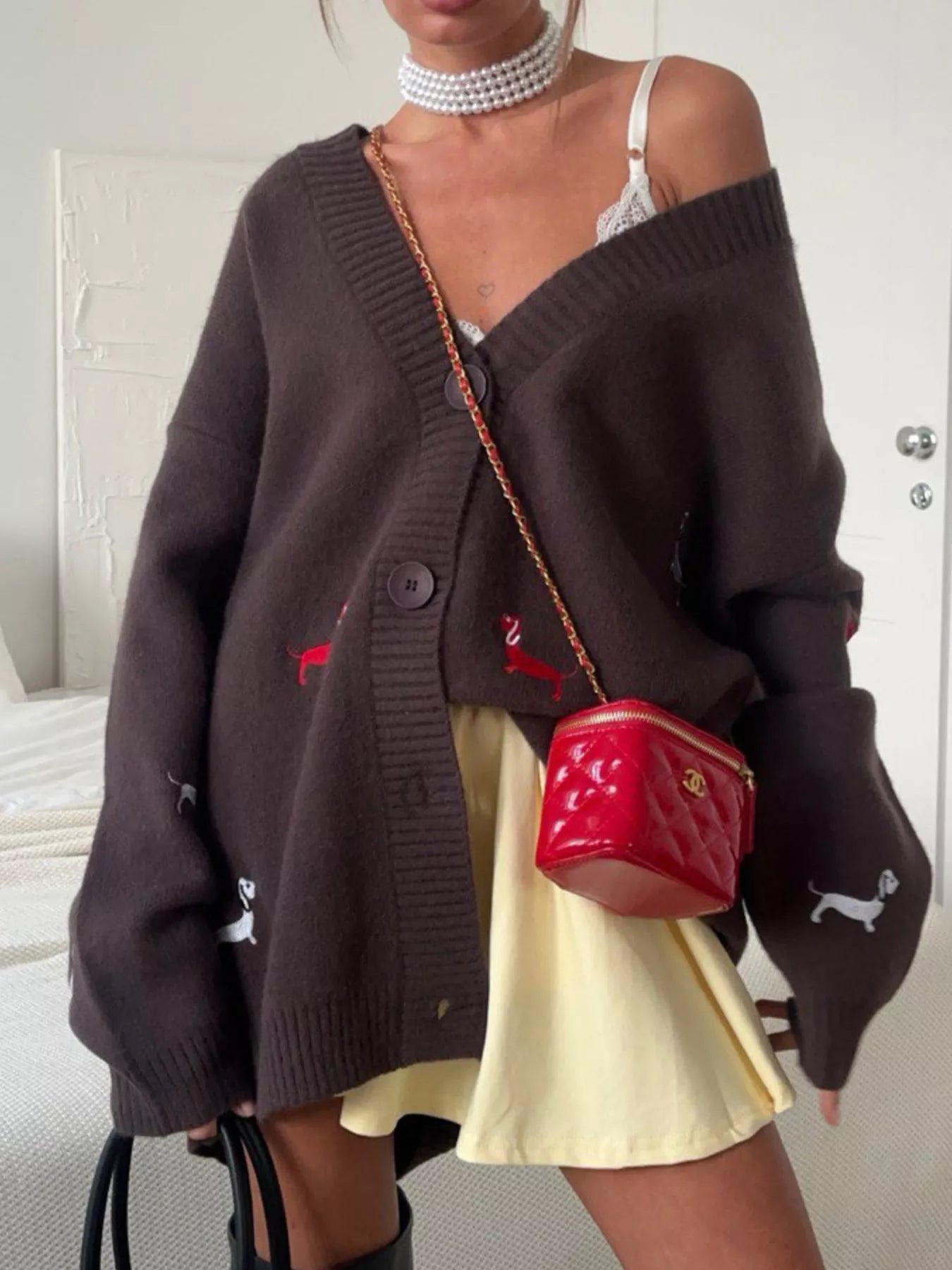 Embroidered Button Up Cardigan Brown OutfitFlow