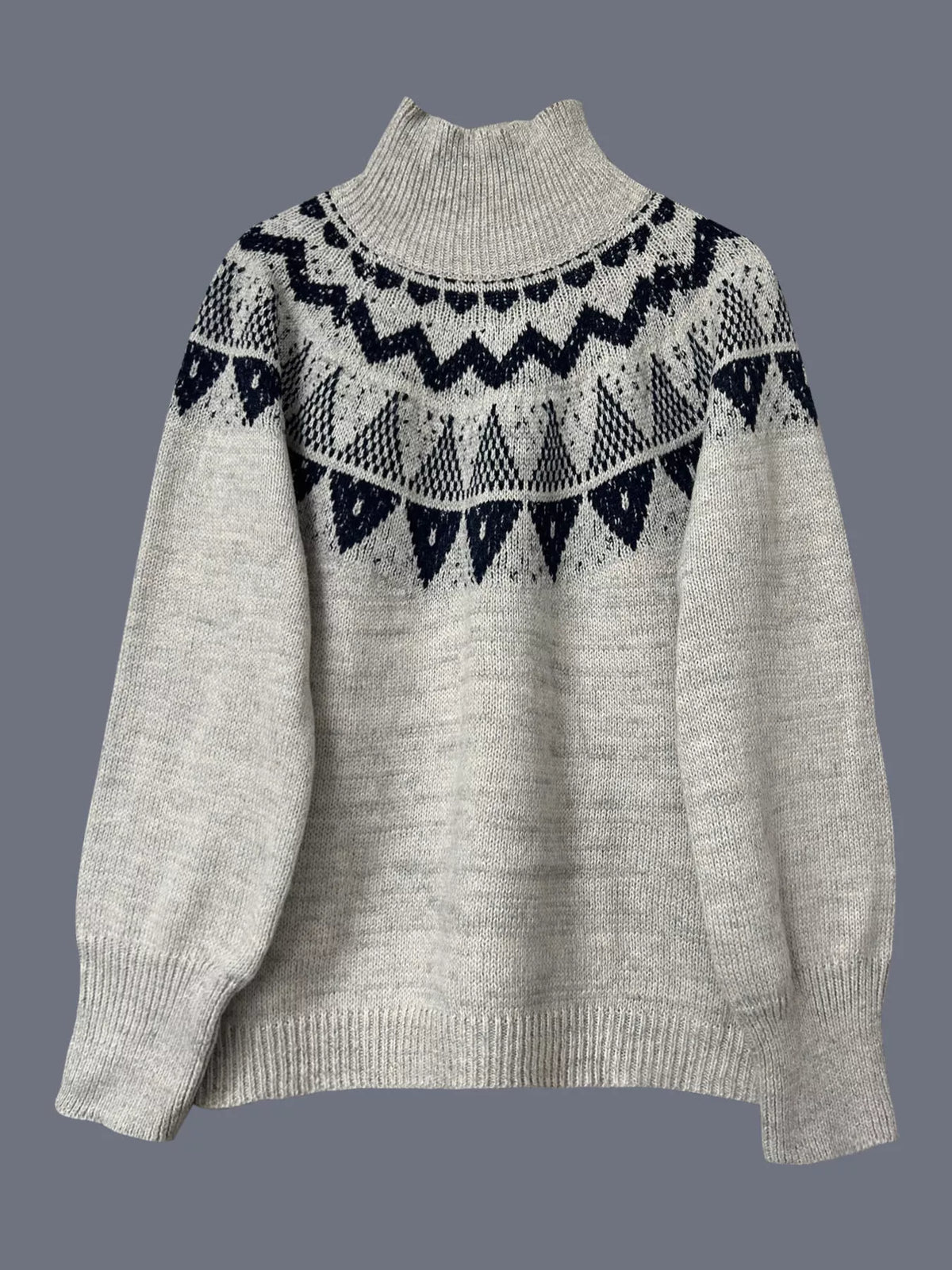 Nordic Pattern High Neck Sweater Gray OutfitFlow