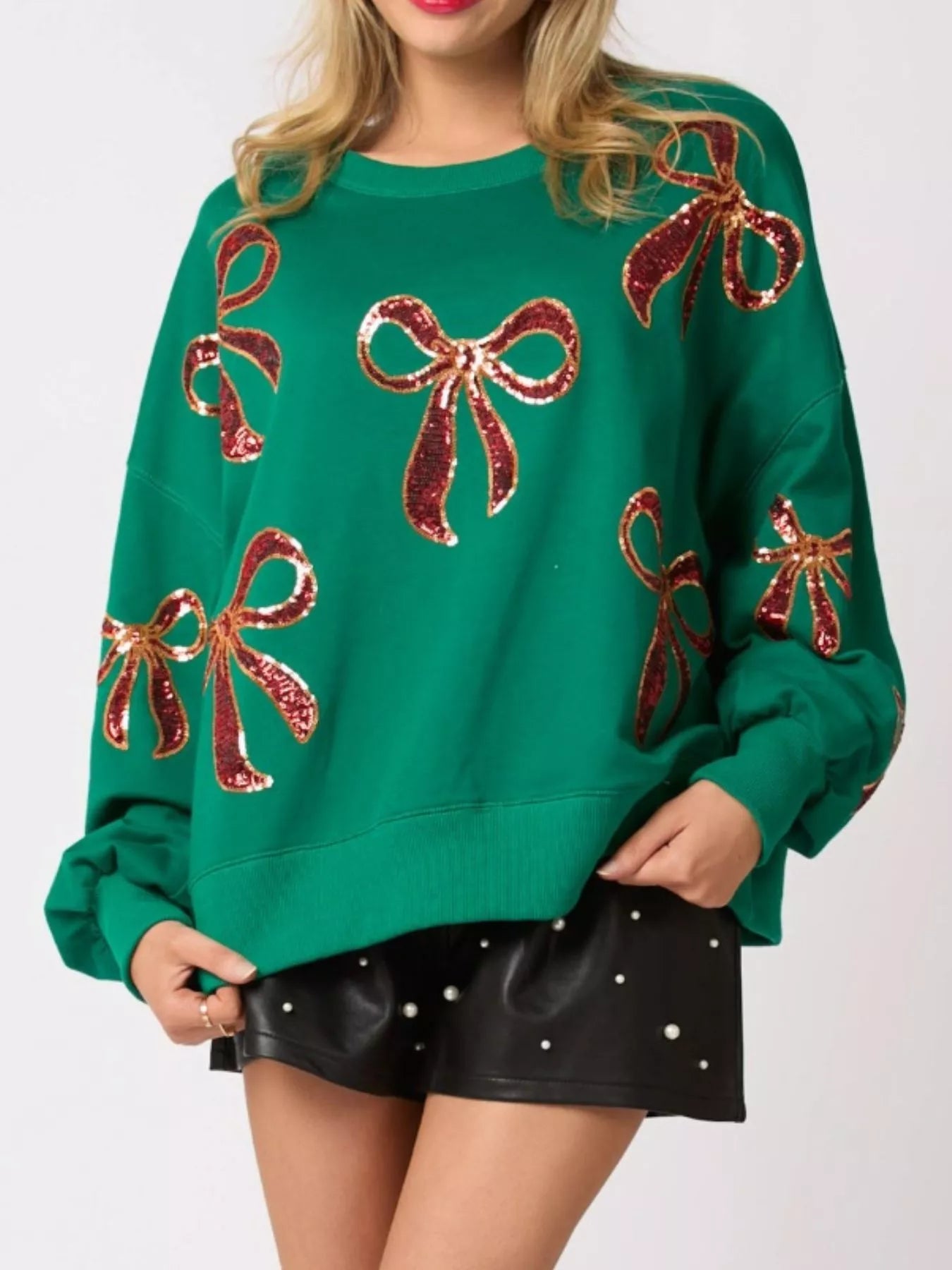 Christmas Sequin Bow Round Neck Sweatshirt OutfitFlow