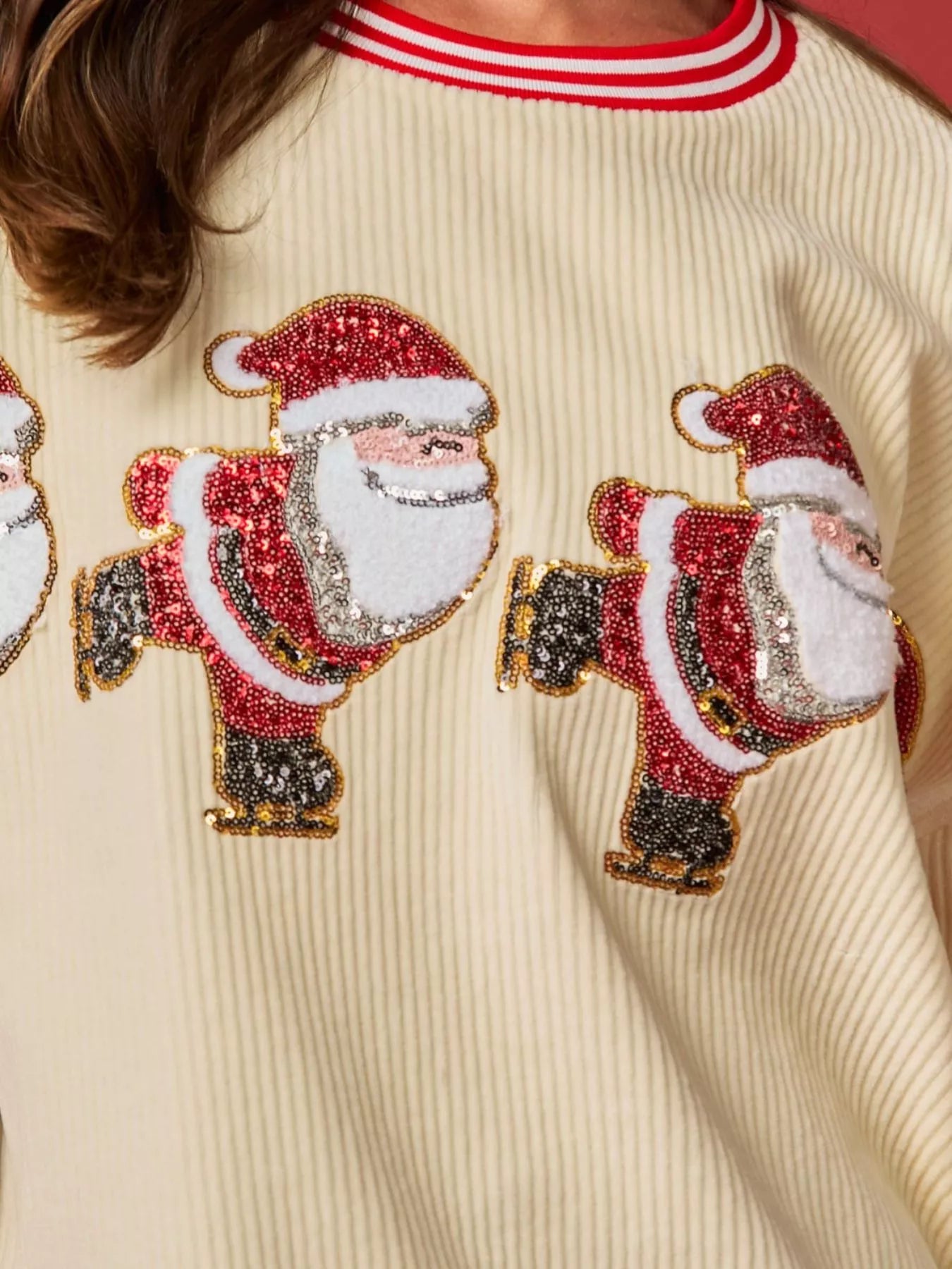 Christmas Sequin Candy Cane and Santa Sweatshirt with Striped Hem OutfitFlow