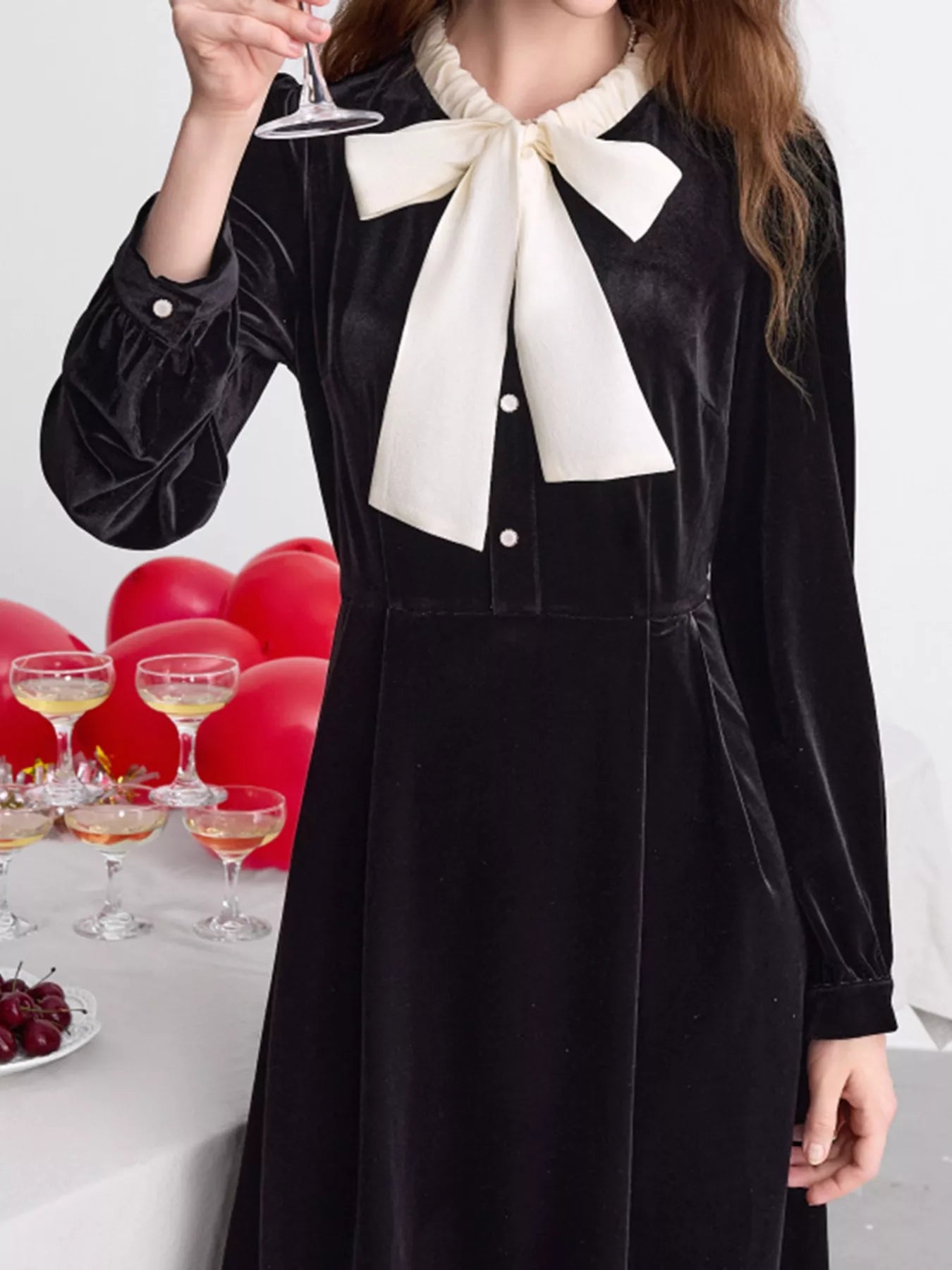 Velvet Bowknot Long Sleeve A-Line Dress OutfitFlow