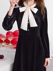 Velvet Bowknot Long Sleeve A-Line Dress OutfitFlow