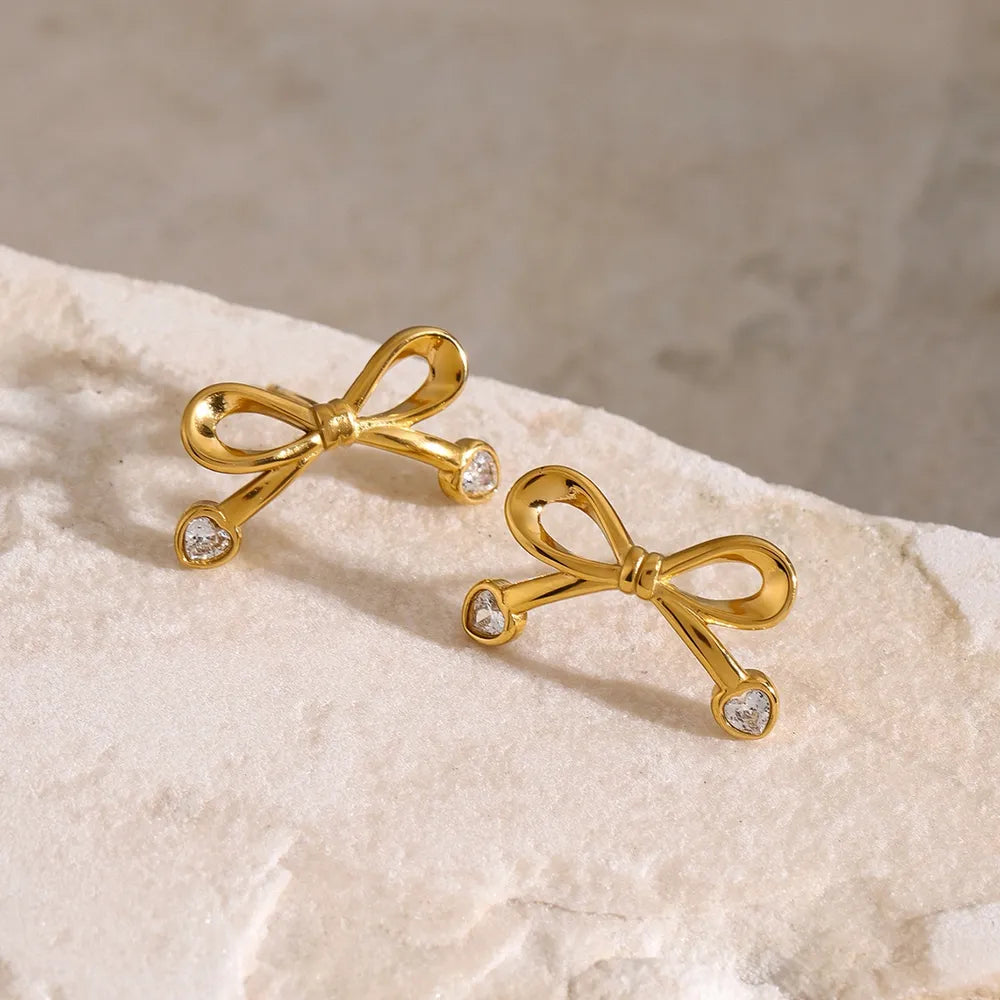 Stainless Steel Inlaid Zircon Bow Earrings OutfitFlow