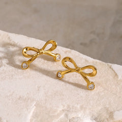 Stainless Steel Inlaid Zircon Bow Earrings OutfitFlow