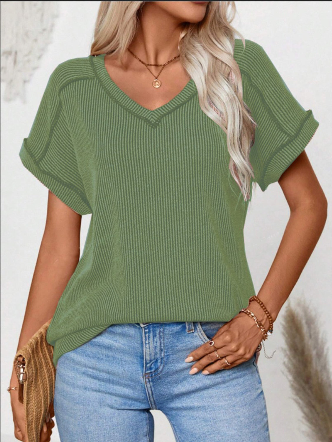 Exposed Seam V-Neck Short Sleeve Top OutfitFlow