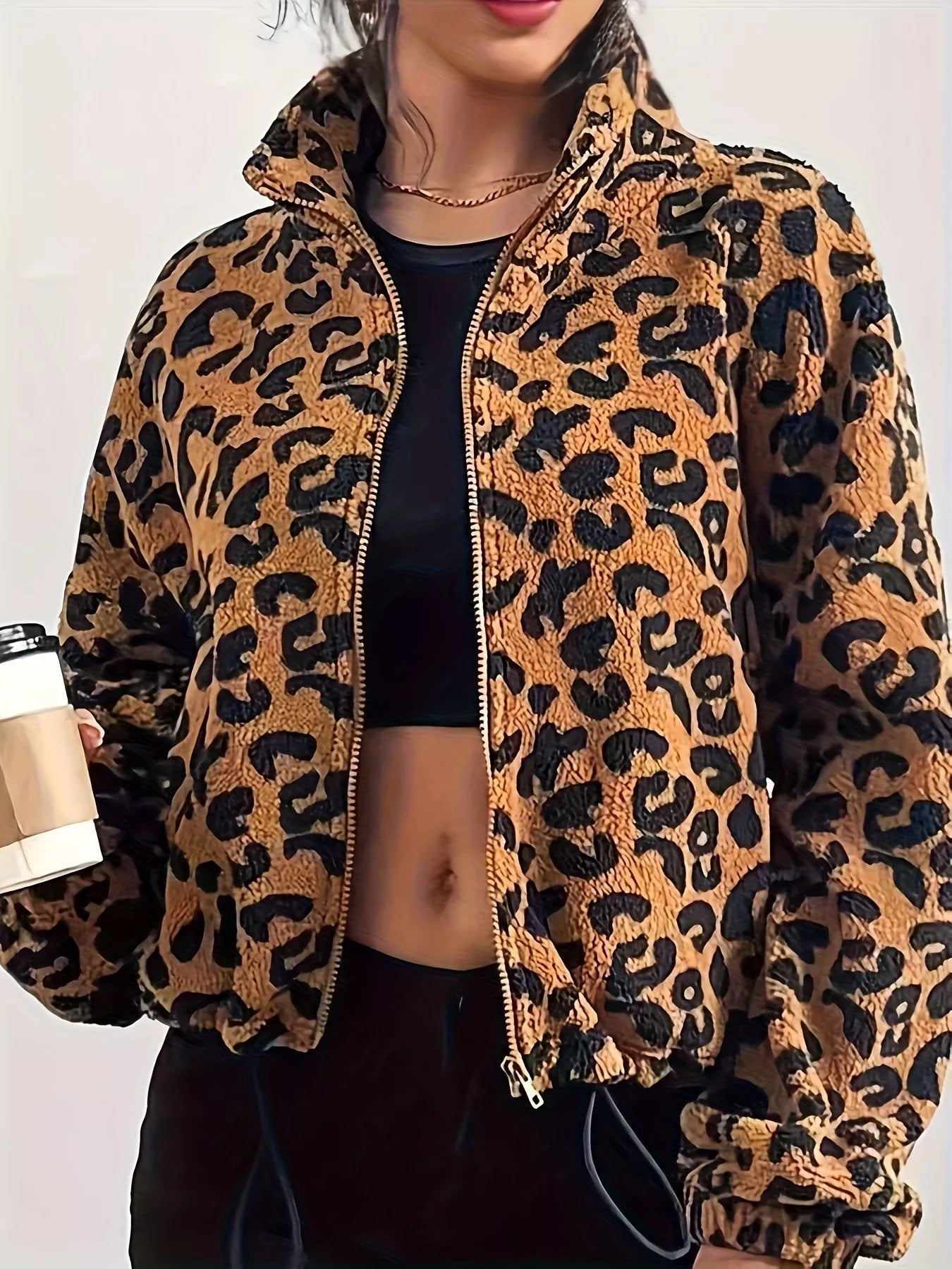 Leopard Fleece Zip-Up Jacket OutfitFlow