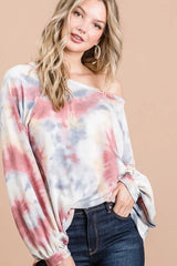 BiBi Tie Dye Print Terry Top With Puff Sleeves OutfitFlow